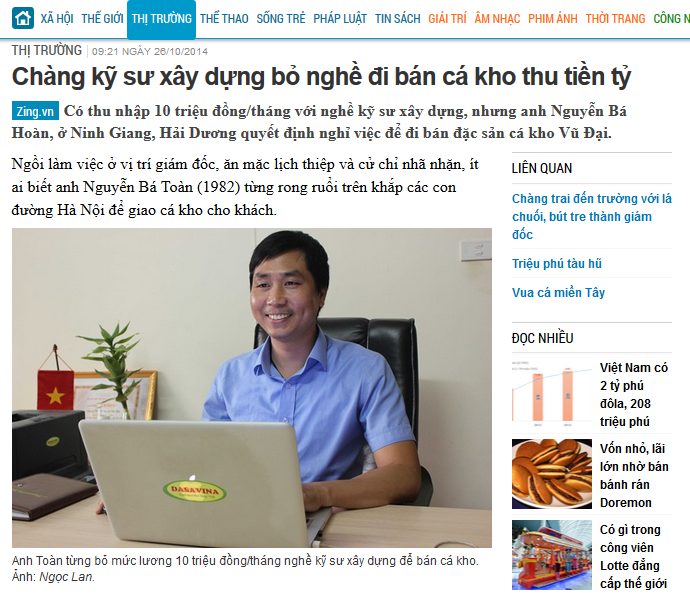 Báo zing viết về Chàng kỹ sư Nguyễn Bá Toàn dũng cảm bỏ nghề đi kho cá