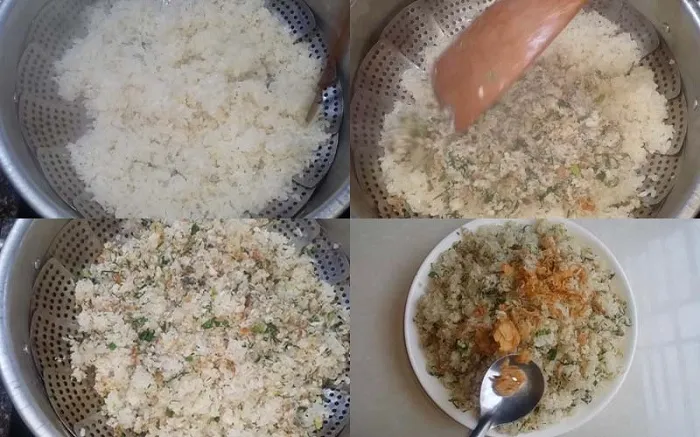 Trộn đều xôi và thịt cá rô phi đã chế biến thật đều