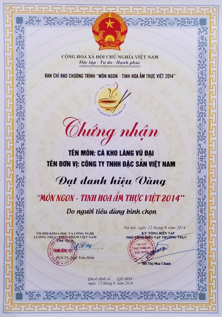 Chứng nhận danh hiệu Vàng - Món ngon tinh hoa ẩm thực Việt 2014