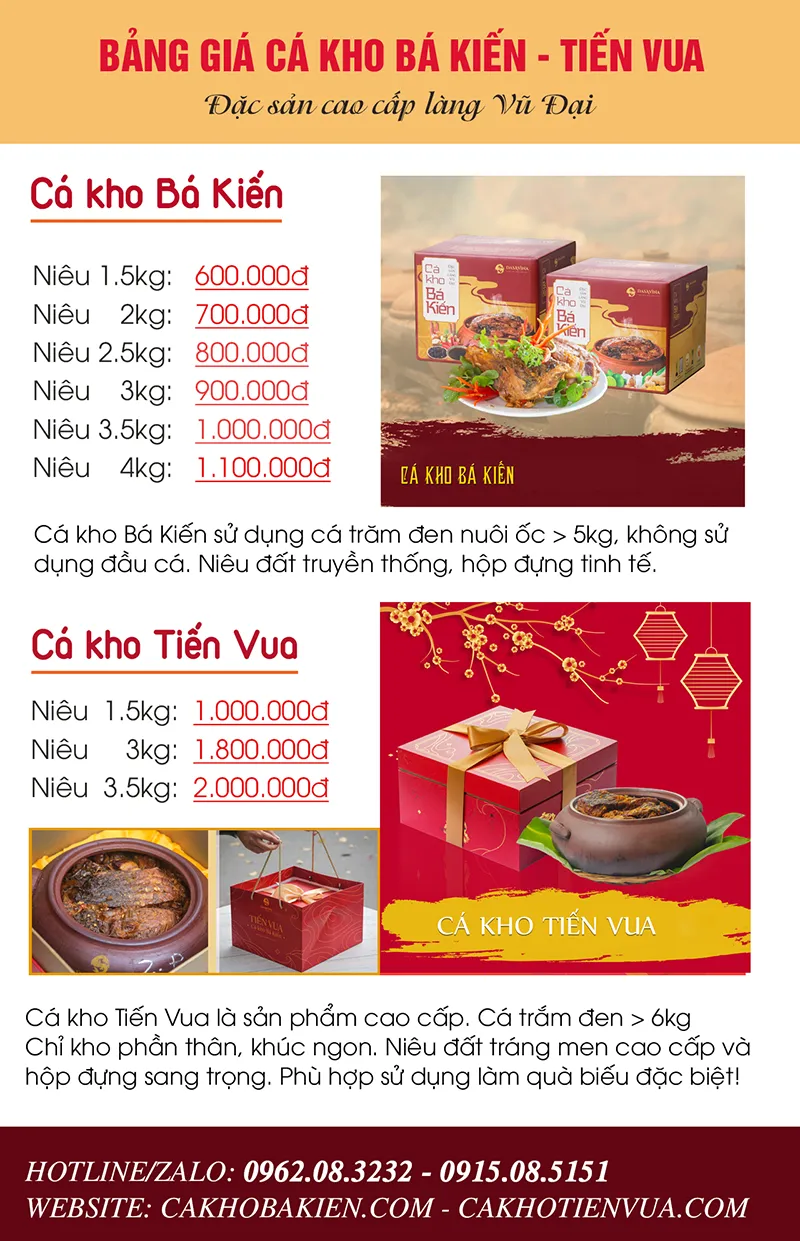 Bảng giá niêu cá kho làng Vũ Đại mới nhất